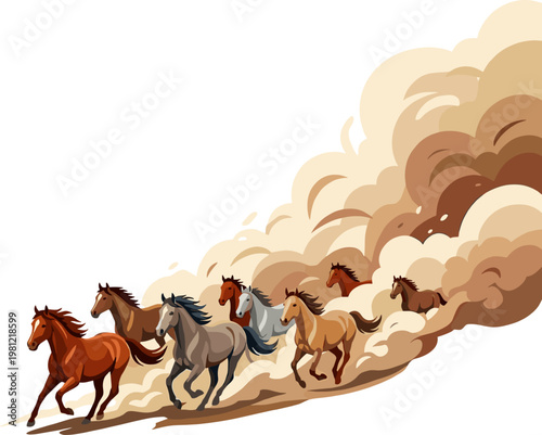Herd of wild horses galloping fast through a desert dust cloud