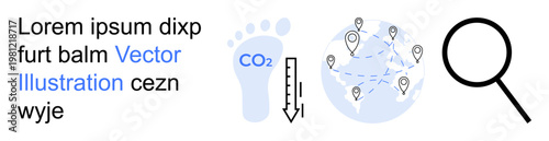 Environmental awareness, sustainability, global networks, data analysis, carbon emissions, geographical mapping. Footprint with CO2 text, magnifying glass world map with pins. Environmental