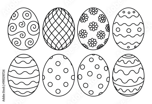 Collection of eight black and white outline Easter eggs with various decorative patterns