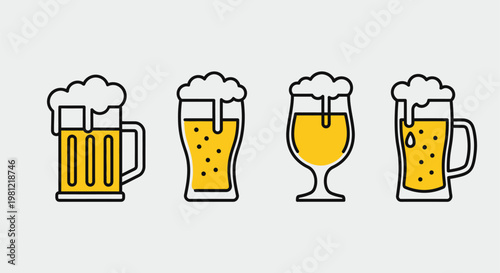 Four Different Styles of Beer Glasses Filled with Golden Beer and Frothy White Foam