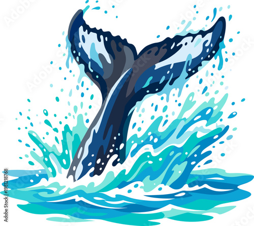 Large whale tail fluke splashing into the sea with water droplets