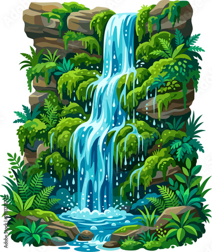 Lush waterfall pouring down mossy cliff in green forest