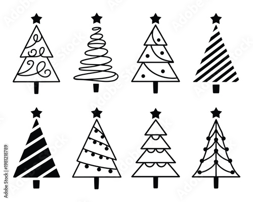 Collection of eight stylized Christmas tree with stars on
