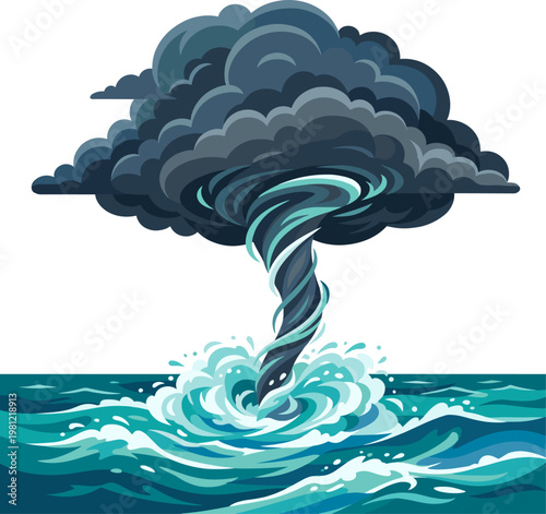 Massive waterspout swirling over a turbulent ocean surface