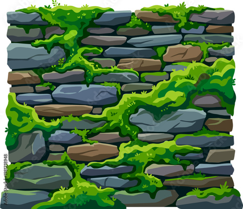 Old stone wall texture covered in vibrant green moss