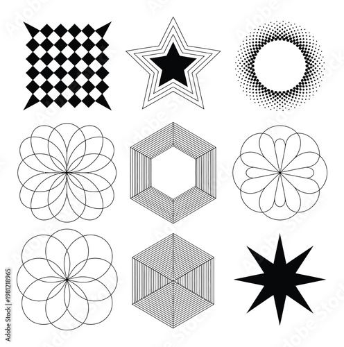 Collection of Geometric Shapes and Patterns in Black and White