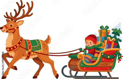 Reindeer pulling a festive sleigh filled with christmas gifts