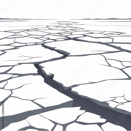A stark minimalist illustration depicts a vast cracked and fractured landscape resembling frozen ground or a dried lakebed with a distant horizon