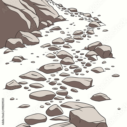 A digital illustration depicts a winding rocky streambed descending through a barren landscape with varied stone sizes high quality professional detailed modern