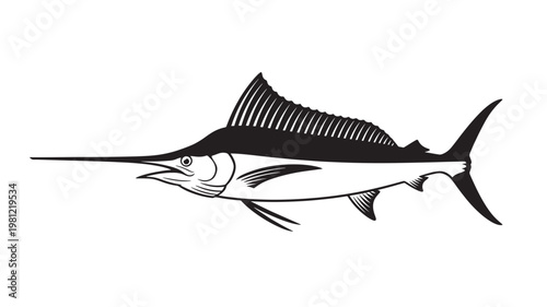 Marlin fish silhouette with sharp dorsal fin and streamlined body in bold black vector style featuring billfish, marine life, ocean wildlife with