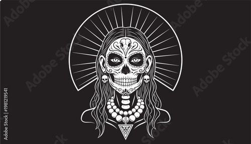 Face engraving tattoo design with white bar rays, curly hair lines, and a central grey placeholder panel