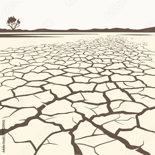 A stark monochromatic illustration depicts a severely drought stricken landscape with cracked earth extending to a distant solitary tree high quality professional