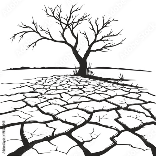 A stark black and white illustration depicts a solitary barren tree standing on cracked dry earth symbolizing desolation high quality professional detailed