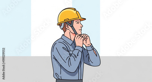 Construction worker fastening hard hat chin strap in profile.