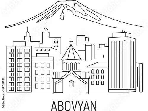 Abovyan city line draw simple minimalist. Mountains rise above city skyline. Buildings line streets beneath snowy peak. Central church stands out with cross and arched doors. 