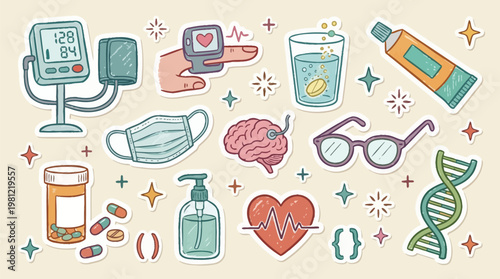 Medical Health Icons with Brain, Heart, and DNA Elements