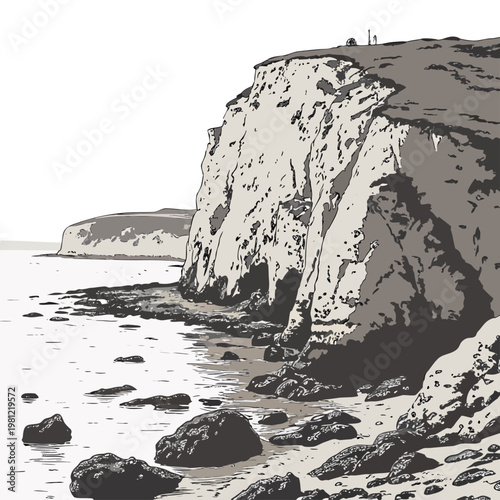 A striking illustration depicts a coastal cliff face meeting the sea featuring rocky shores and distant landforms under a clear sky