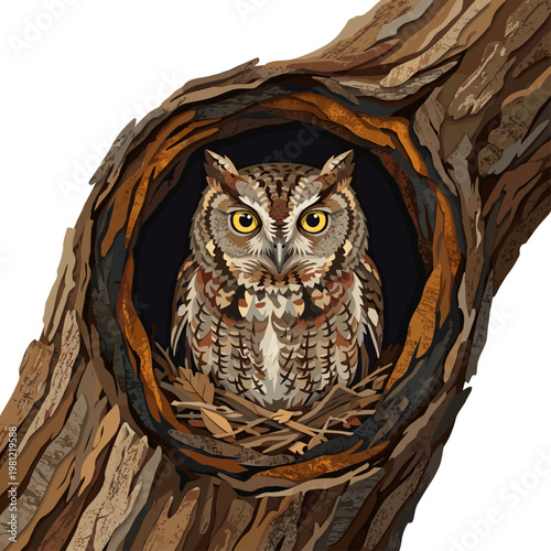 Spotted owl peeking out from a hollow tree trunk nest