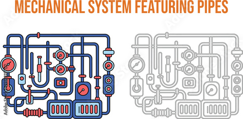 Complex industrial pipe network with gauges during a schematic illustration