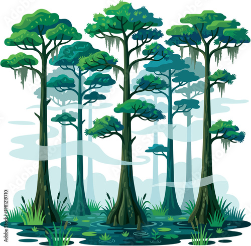 Tall cypress trees standing in a misty swamp with green moss