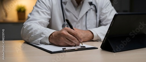 Healthcare professional, wearing a white lab coat and stethoscope, intently writes notes on a clipboard while seated at a desk beside a digital tablet.