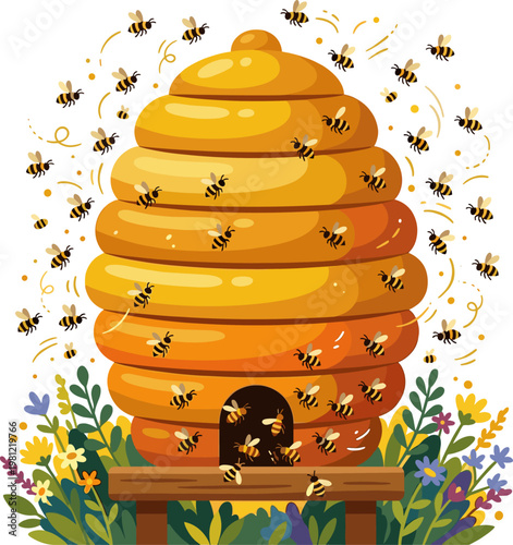 Traditional skep beehive surrounded by honeybees in a flower meadow