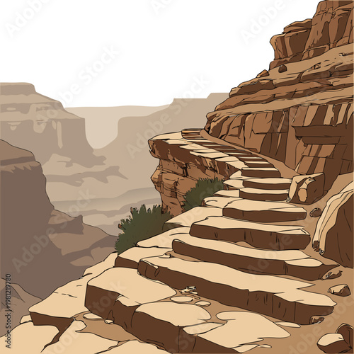 A winding stone pathway descends into the vast layered canyon landscape of the grand canyon showcasing its geological formations high quality professional
