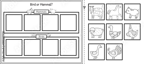 Bird or mammal cut and glue game in black and white. Farm animals sorting activity page in outline for kids. Printable template. Vector illustration