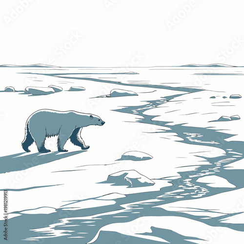 A solitary polar bear cautiously traverses a vast icy landscape navigating fragmented ice floes and shadowed snowdrifts high quality professional detailed modern