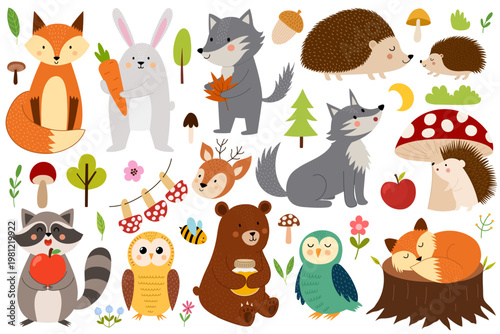 Colorful woodland animals collection in cartoon style. Cute forest characters isolated on white background for baby and kids design. Great for stickers, apparel. Vector illustration