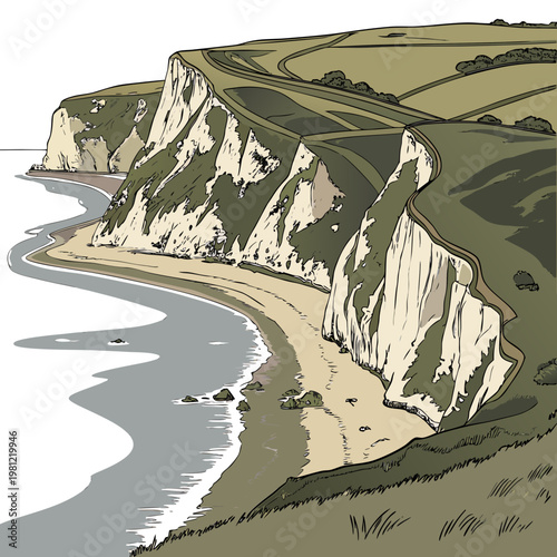 A picturesque illustration depicts dramatic white cliffs meeting a sandy beach with rolling green hills extending inland showcasing coastal beauty high quality