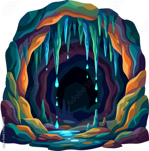 Water dripping from stalactites in a colorful cave