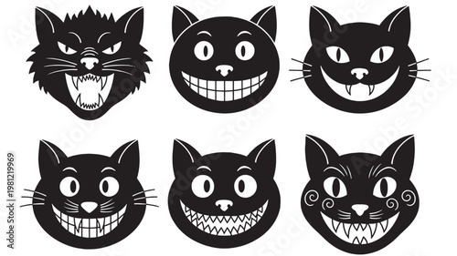 Cat face monster icons set with black silhouette, grinning teeth, claws, and spooky cartoon expressions