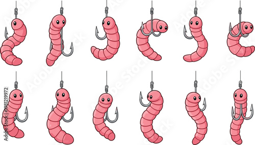 Fishing Worms with Hooks Collection for Angling, Fishing, Bait, and Outdoor Adventure Illustrations for Websites and Digital Media