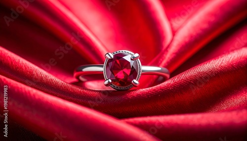 Silver ring with round, faceted red stone, nestled on a luxurious, draped, deep red silky fabric background