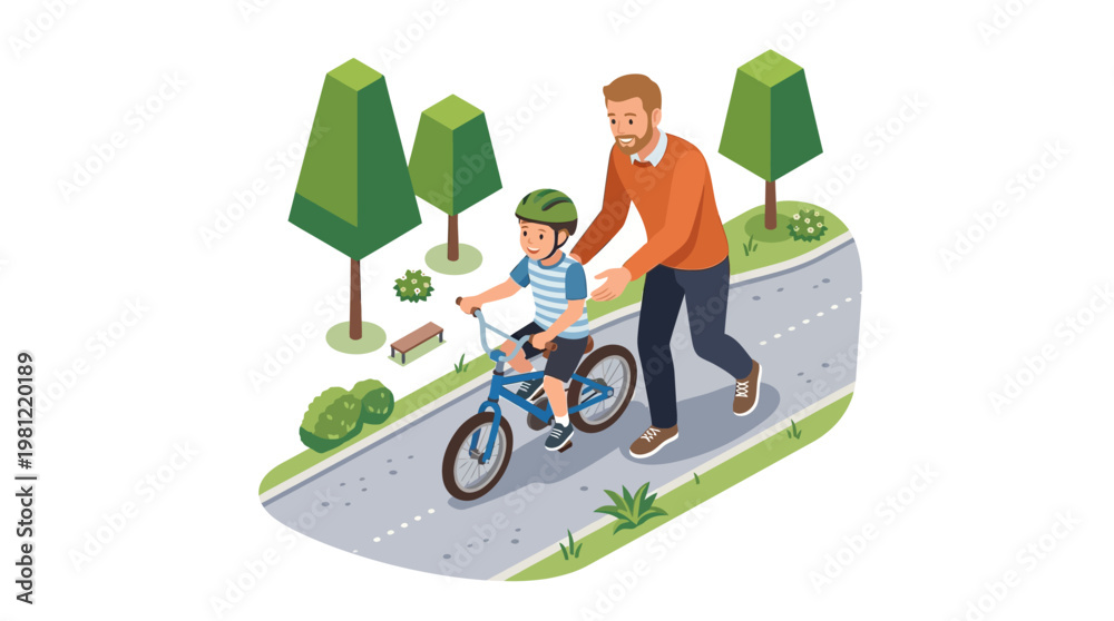 Fototapeta premium Man helping child ride bike.