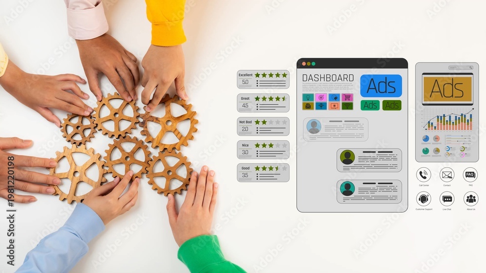Obraz premium Collaborative Teamwork with Gears and Digital Dashboard Illustrating Marketing and Advertising Solutions in a Professional Setting Sigmoid