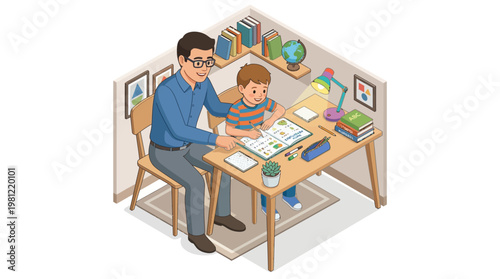 father helping son with homework.