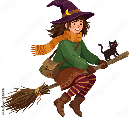 Young witch flying on broomstick with black cat companion