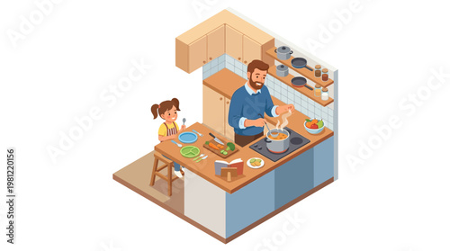 Man and child in kitchen.