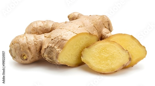 Slika na platnu Fresh raw ginger root with slices isolated on white background