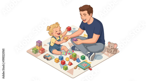 Man and child playing toys.