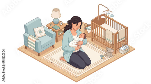 Mother holding newborn baby close.