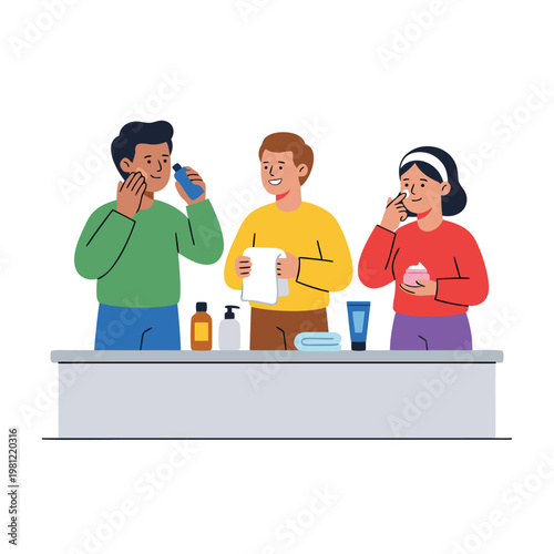 Diverse Group Engaged in Morning Skincare Routine.