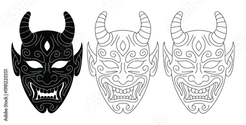 Three stylized demon masks: one solid black, two detailed line