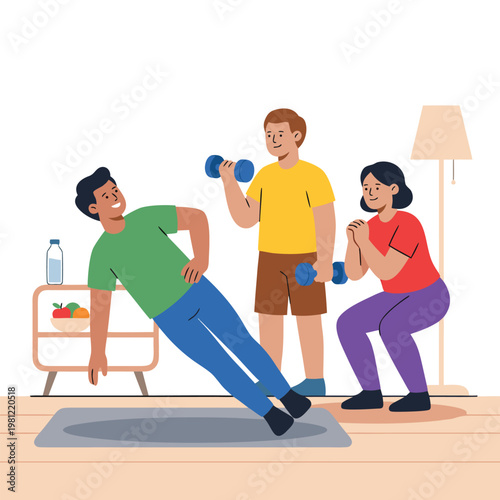 Diverse group exercising together at home.