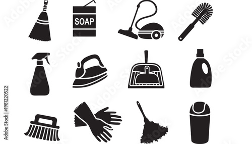 Cleaning products and tools icons set with soap, broom, mop, vacuum, iron, gloves, and brush silhouettes in black