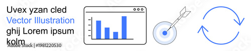 Business analysis, performance tracking, goal achievement, data visualization, statistics, process improvement. Graph, target with arrow and sync icons. Business analysis and data visualization