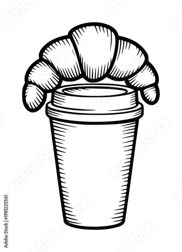 Black and white line croissant coffee cup, isolated white background, food pastry