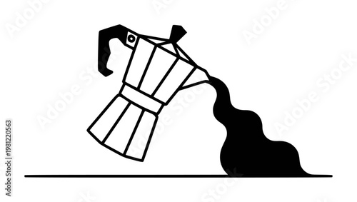 Black and white line of a moka pot pouring coffee a white background, drink